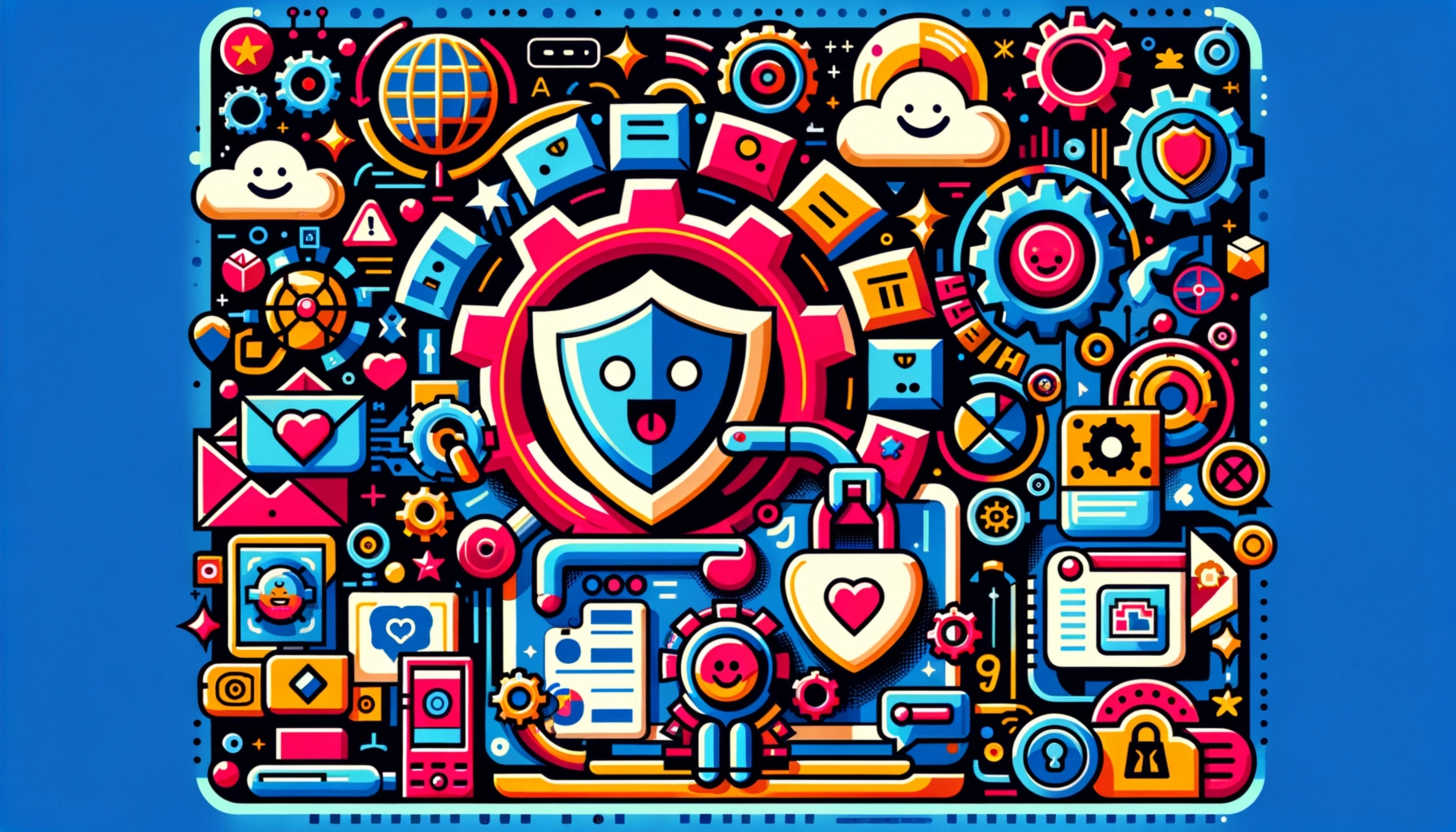 ** Colorful digital illustration of security concepts, including a shield, gears, and icons on a blue background.