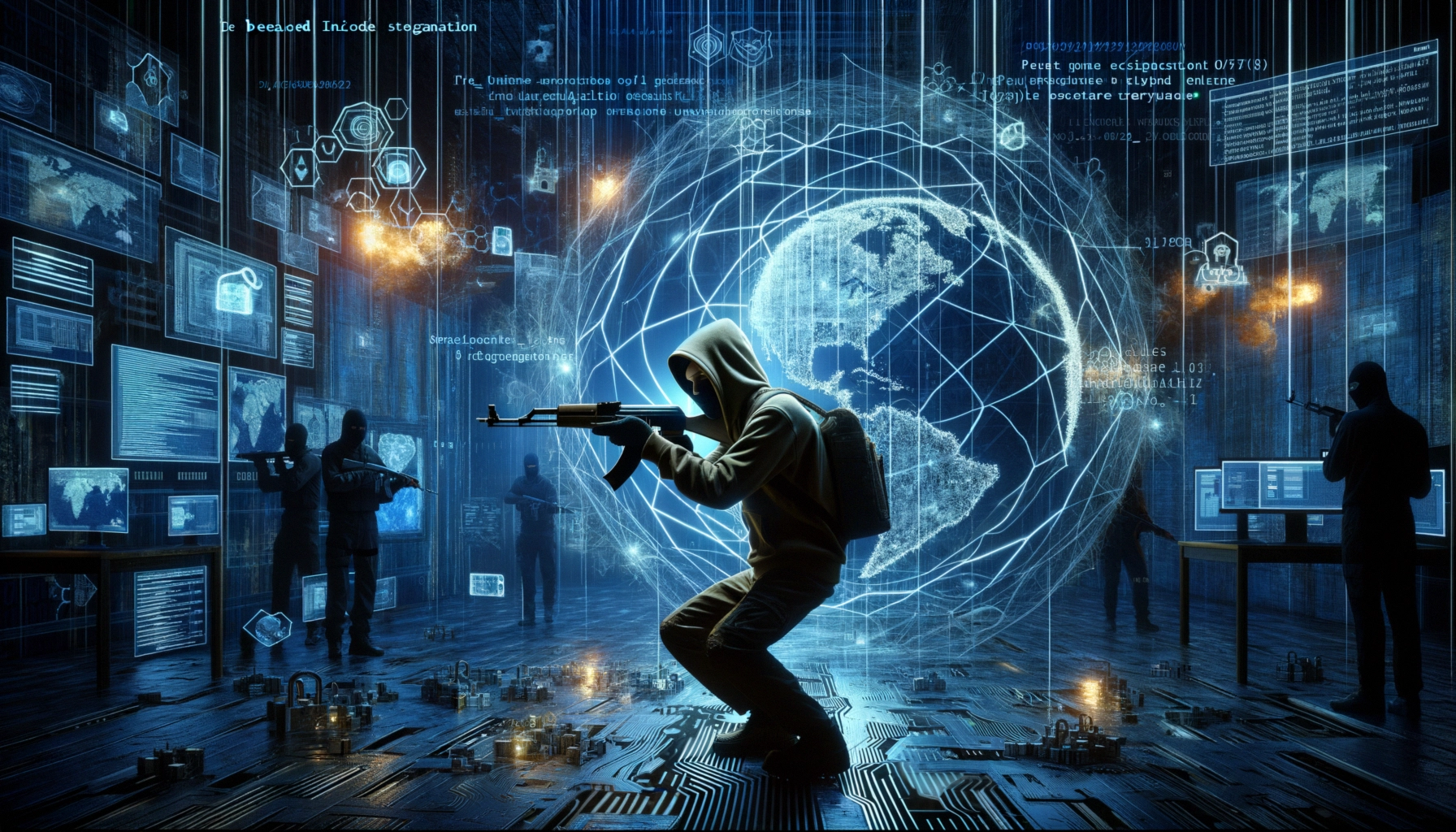 ** A hooded figure crouches with a rifle, surrounded by high-tech data displays and a glowing globe in a dark environment.