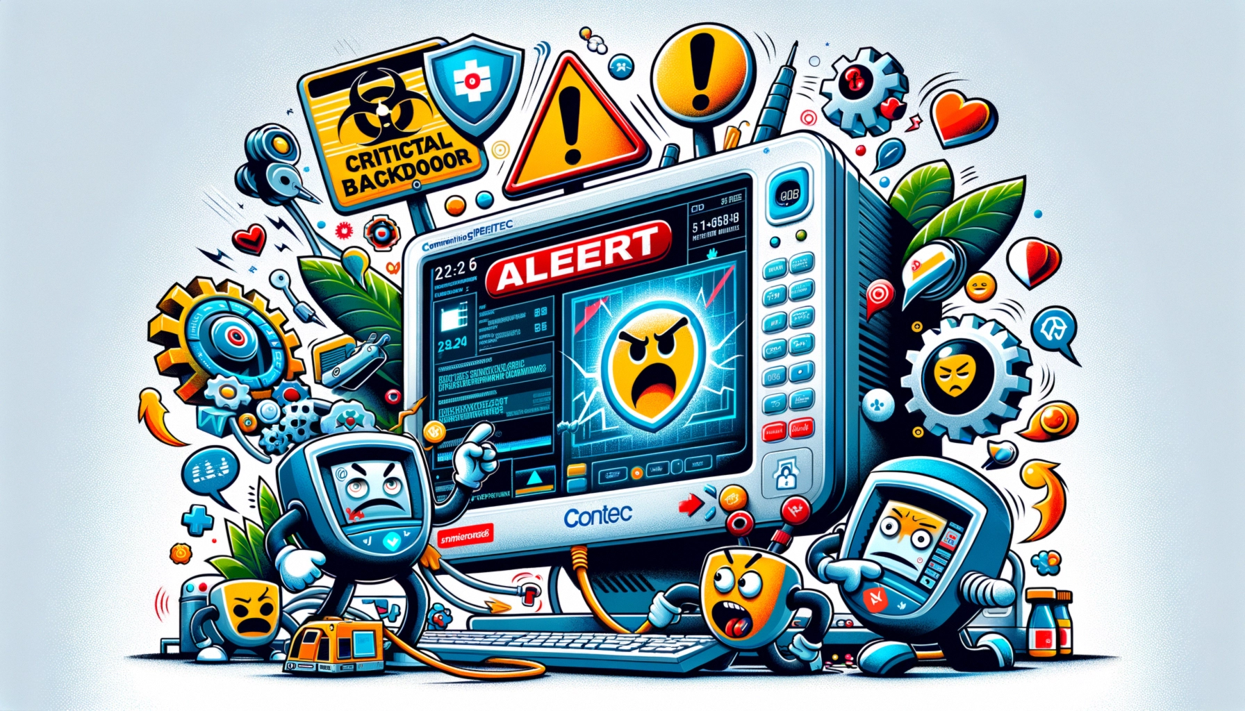 ** Colorful cartoon-style depiction of a computer with alert warnings, surrounded by animated characters.