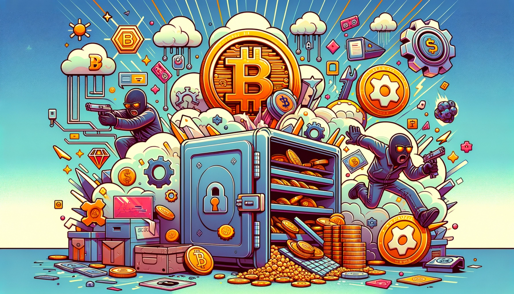 ** Two masked figures robbing a safe filled with Bitcoin and coins, surrounded by digital icons and clouds.