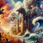 ** A vivid fantasy scene with dragons, knights, and waves crashing against a castle backdrop.