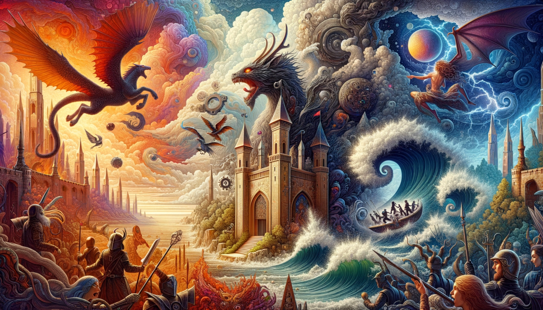 ** A vivid fantasy scene with dragons, knights, and waves crashing against a castle backdrop.