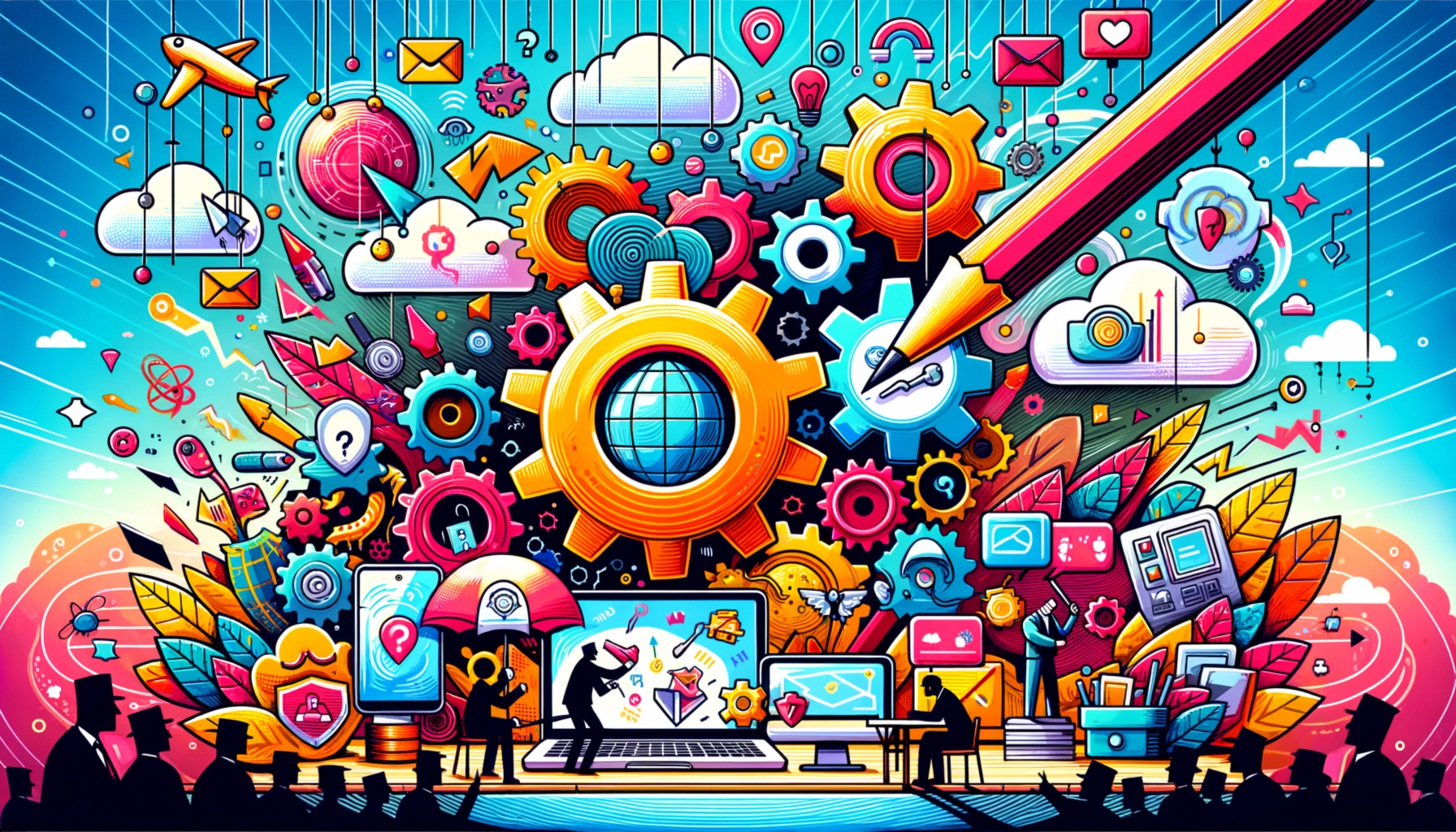 ** A colorful digital collage symbolizing creativity, technology, and teamwork with gears, clouds, and devices.