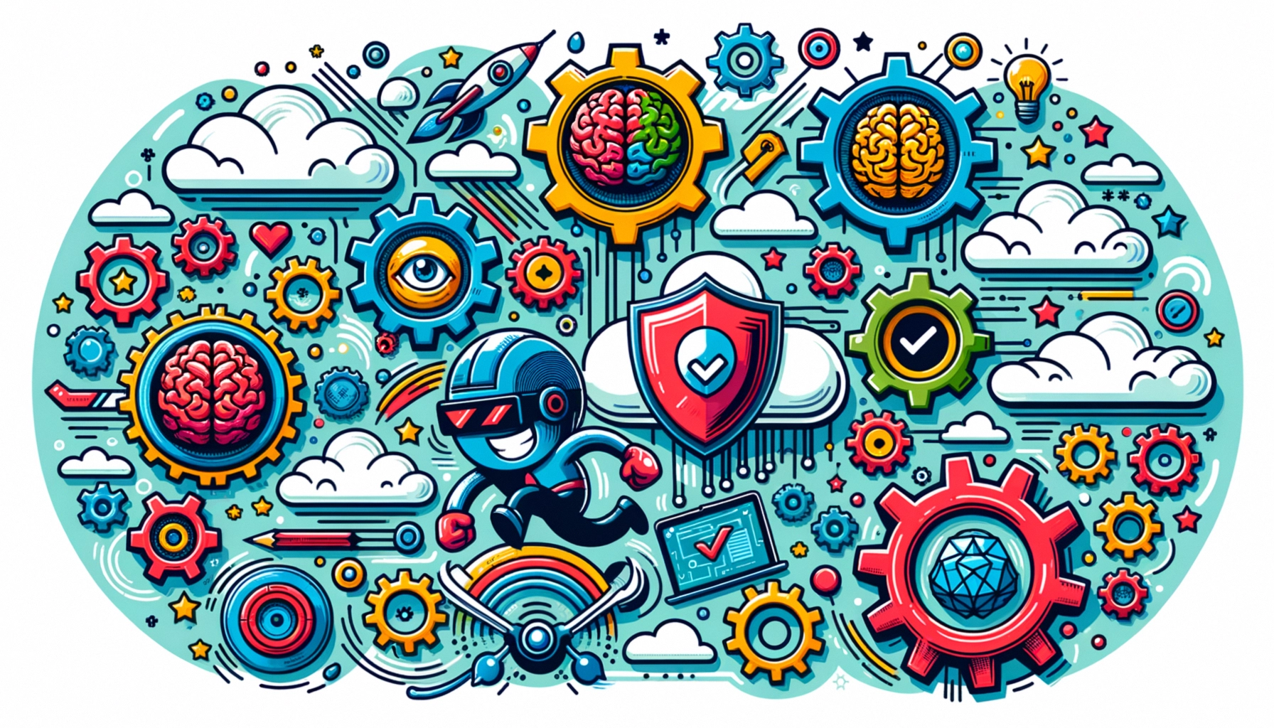 ** Colorful illustration of a playful character amidst gears, clouds, and tech symbols.