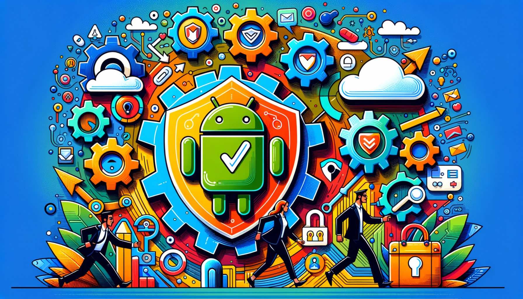 ** Colorful digital illustration of Android security icons, gears, and people walking.