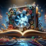 ** An open book with gears and circuits emerging from it, set in a library.