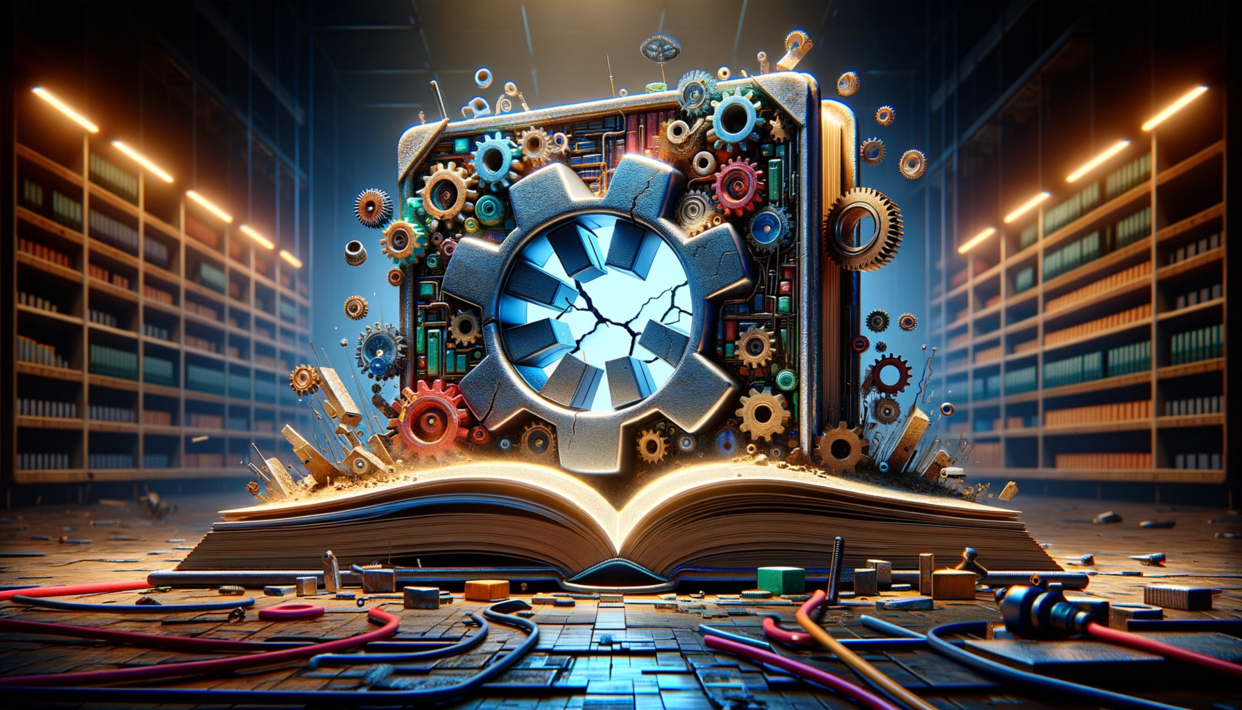 ** An open book with gears and circuits emerging from it, set in a library.