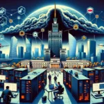 ** City skyline with servers, tech workers, and aircraft above a modern metropolis.