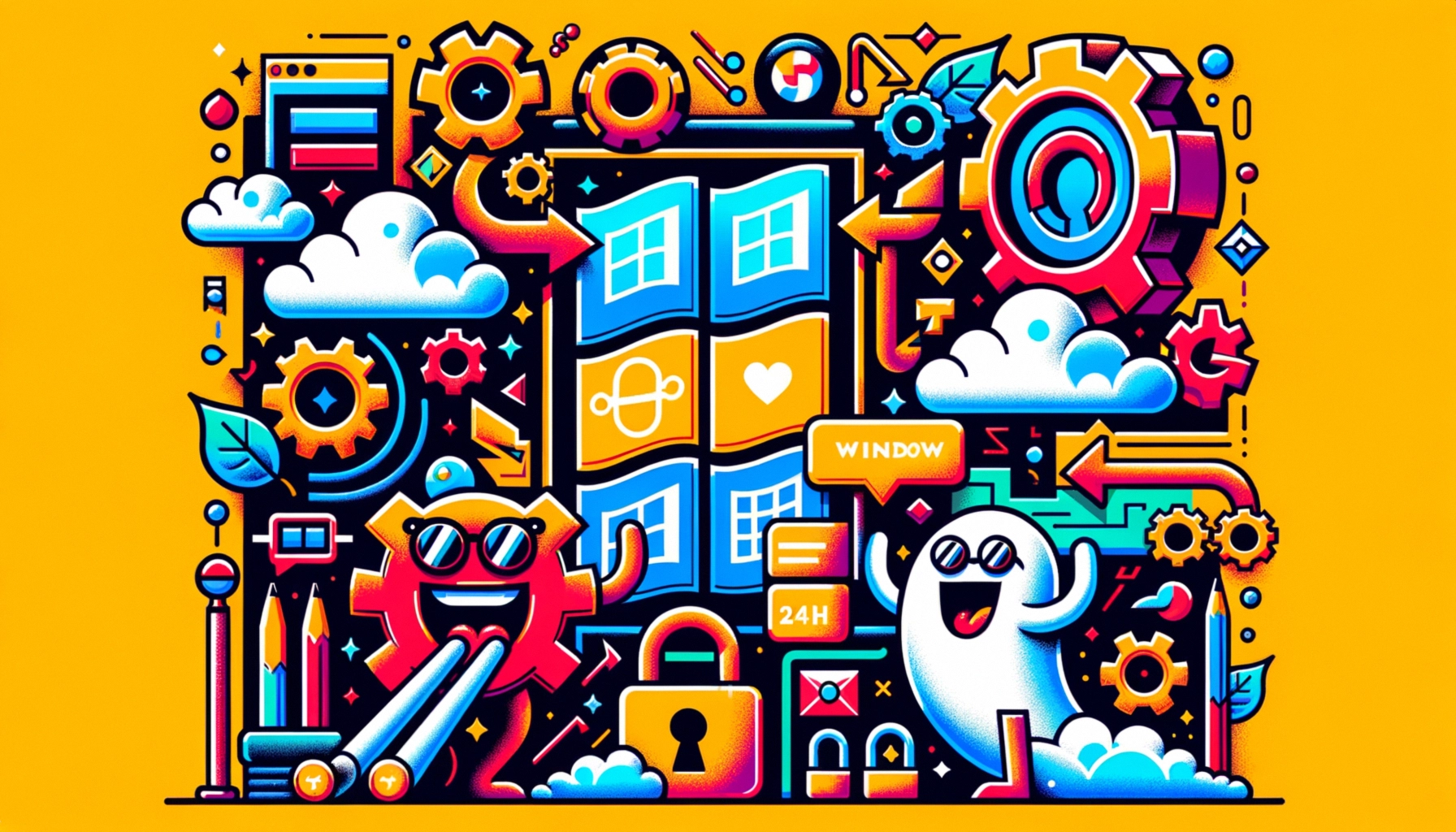 ** Colorful illustration featuring playful characters and Windows logo set against a bright yellow background.