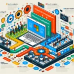 Infografía colorida sobre investigaciones de materiales y seguridad cibernética con iconos y computadoras.