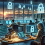 Office with multiple people monitoring secure data, featuring glowing locks and servers in a cityscape.