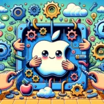 ** Colorful illustration of an Apple logo surrounded by gears, tools, and hands, symbolizing technology and creativity.