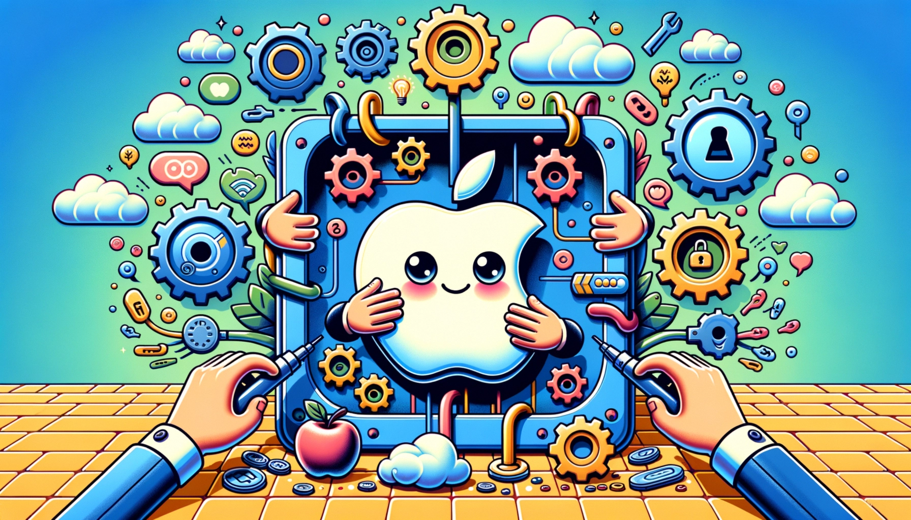 ** Colorful illustration of an Apple logo surrounded by gears, tools, and hands, symbolizing technology and creativity.