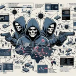 ** Three hooded figures with skull masks, surrounded by digital icons and a world map depicting cybercrime.