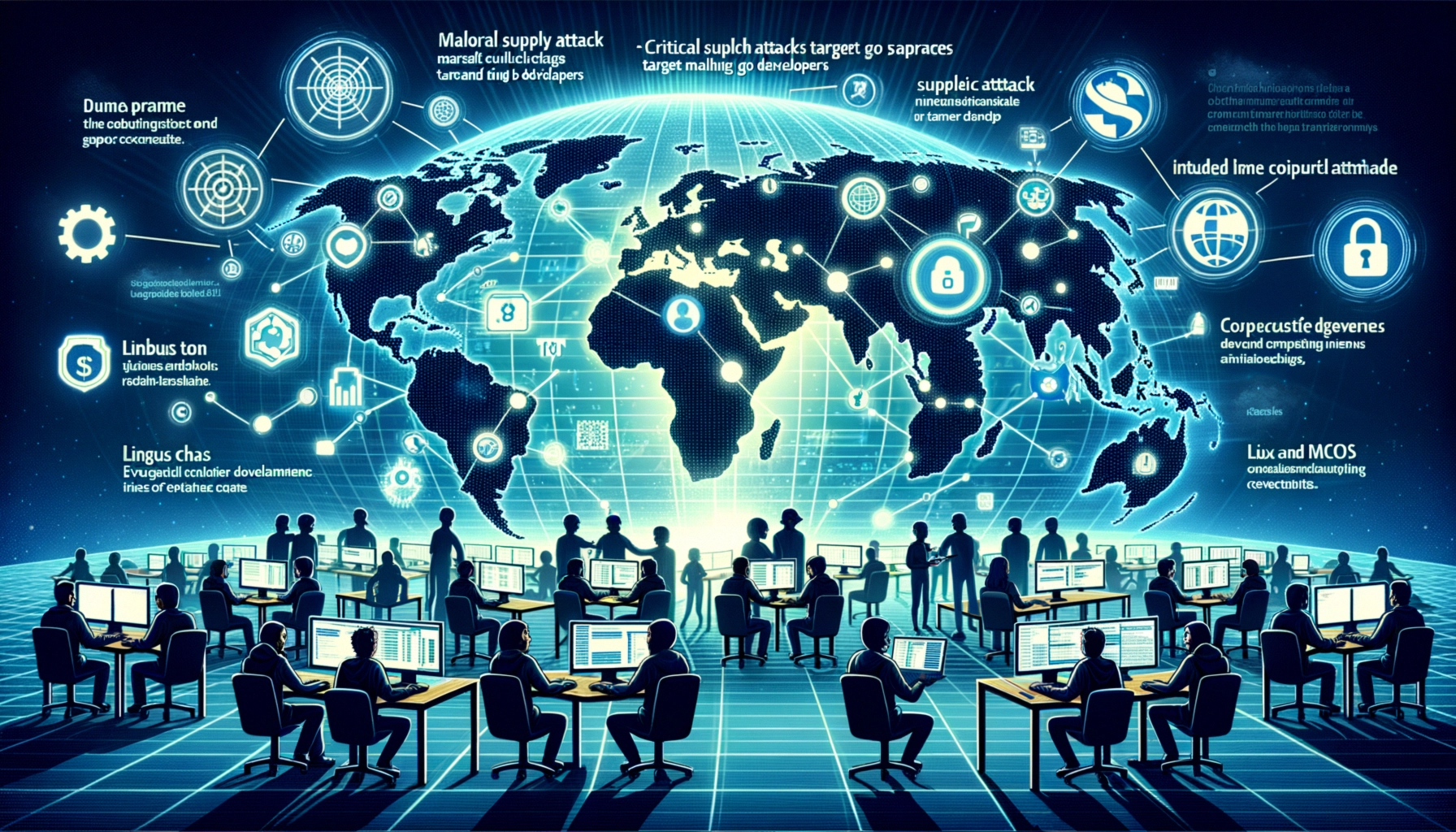 Weltkarte mit Silhouetten von Personen an Computern, neben Cybersecurity-Themen.