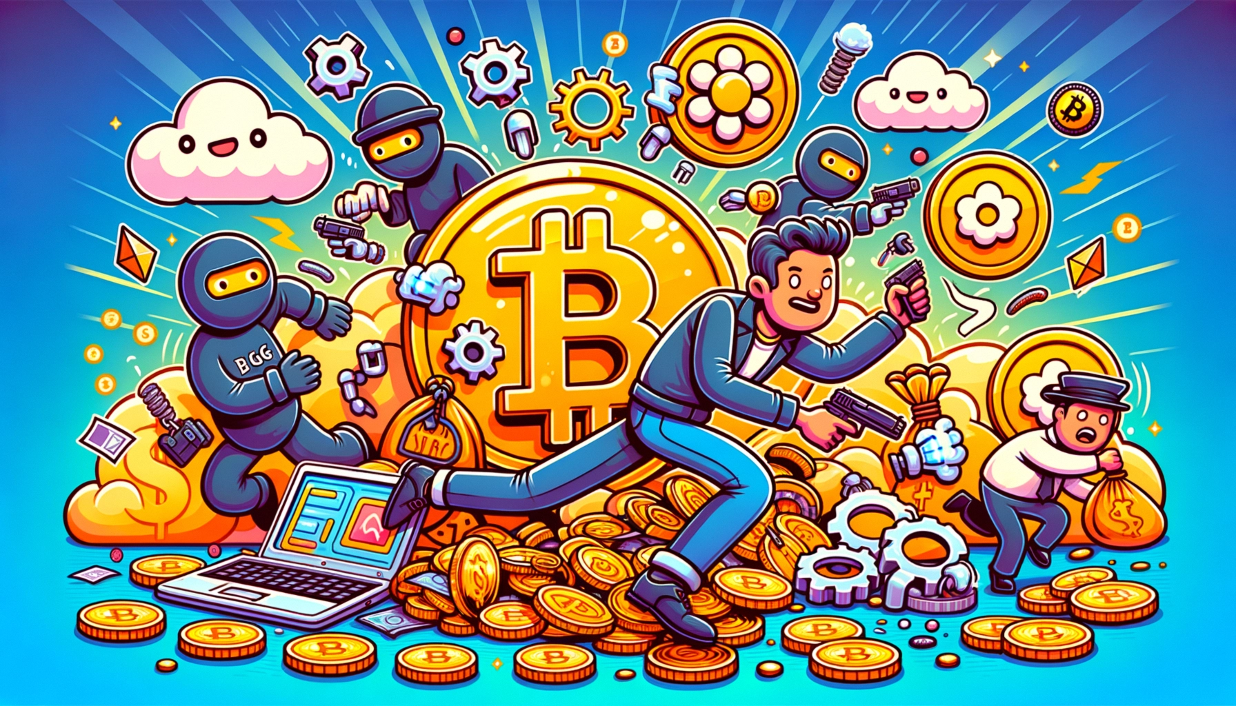 ** Colorful cartoon scene of people and coins around Bitcoin, depicting chaos and excitement in a digital realm.