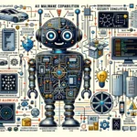 Ilustración colorida de un robot con elementos tecnológicos y datos sobre ciberseguridad.