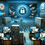 ** Digital cybersecurity scene with figures, computers, and symbols of protection.