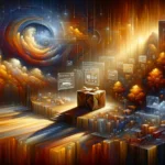 ** A surreal digital landscape featuring a mysterious gift box amidst colorful clouds and floating data screens.