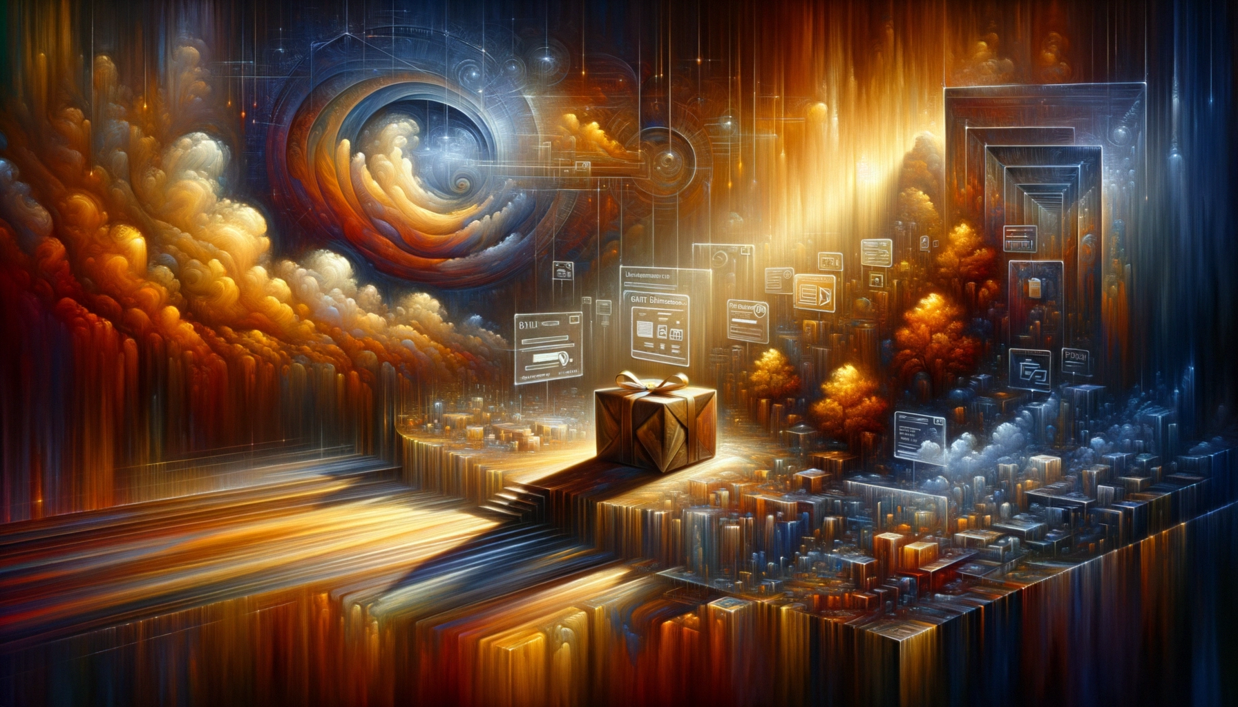 ** A surreal digital landscape featuring a mysterious gift box amidst colorful clouds and floating data screens.