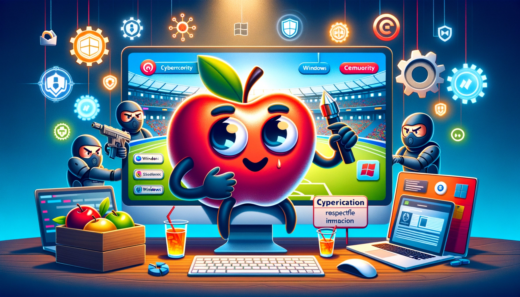 ** A computer with a cartoon apple character holding a knife, surrounded by ninjas and colorful tech icons.