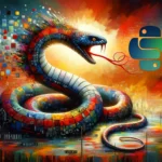 Colorful serpent entwined with digital elements and Python logo.