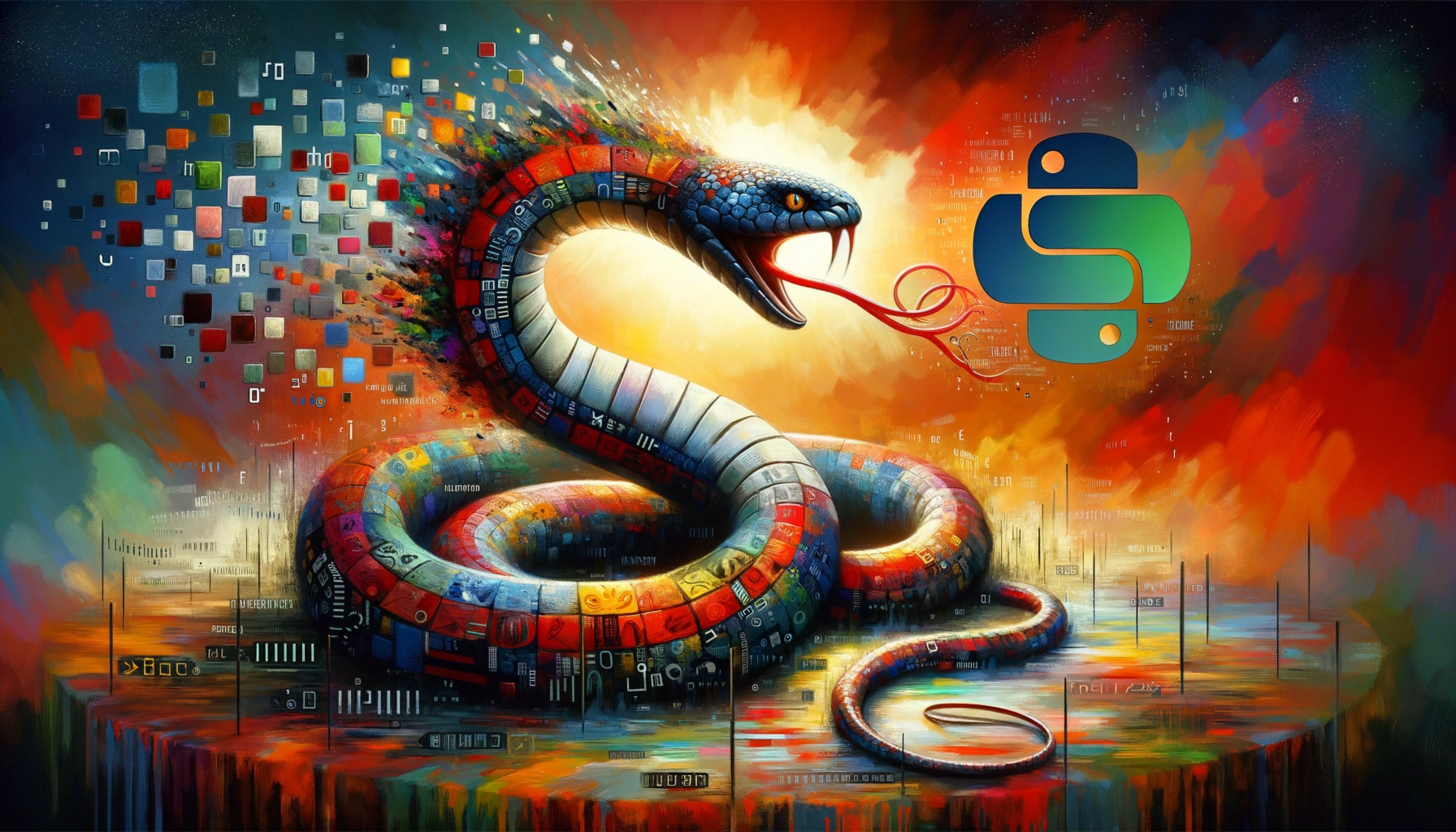 Colorful serpent entwined with digital elements and Python logo.