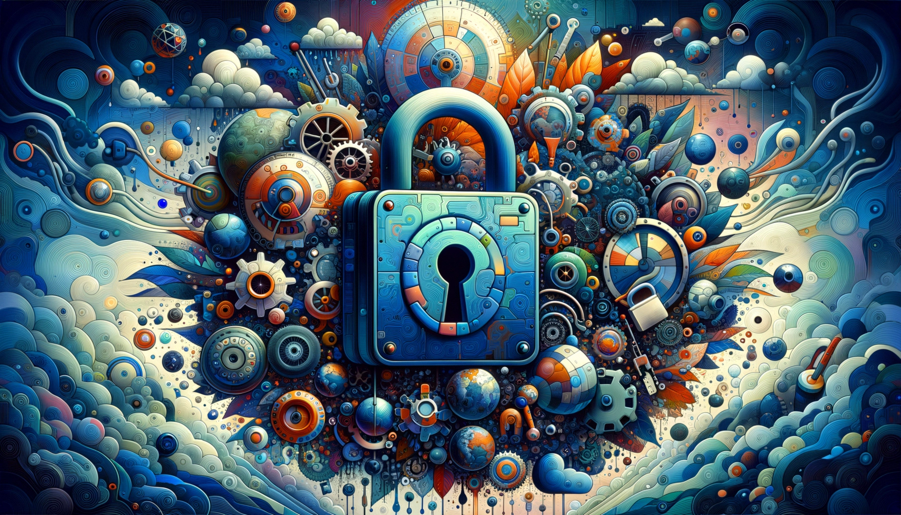 ** Colorful abstract art featuring a central padlock surrounded by gears and spheres.