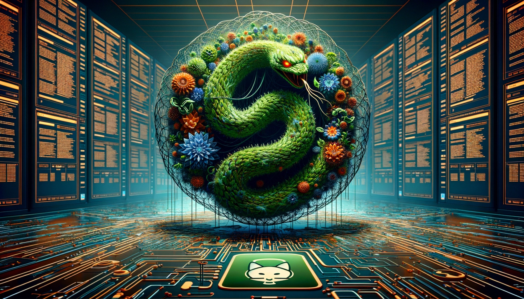 ** A green snake encircled by colorful flowers amidst a tech-inspired background.