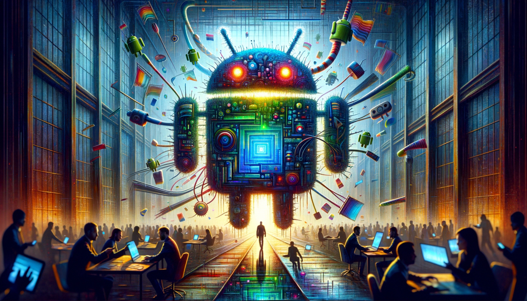 ** A futuristic Android figure stands amid a vibrant tech workspace.