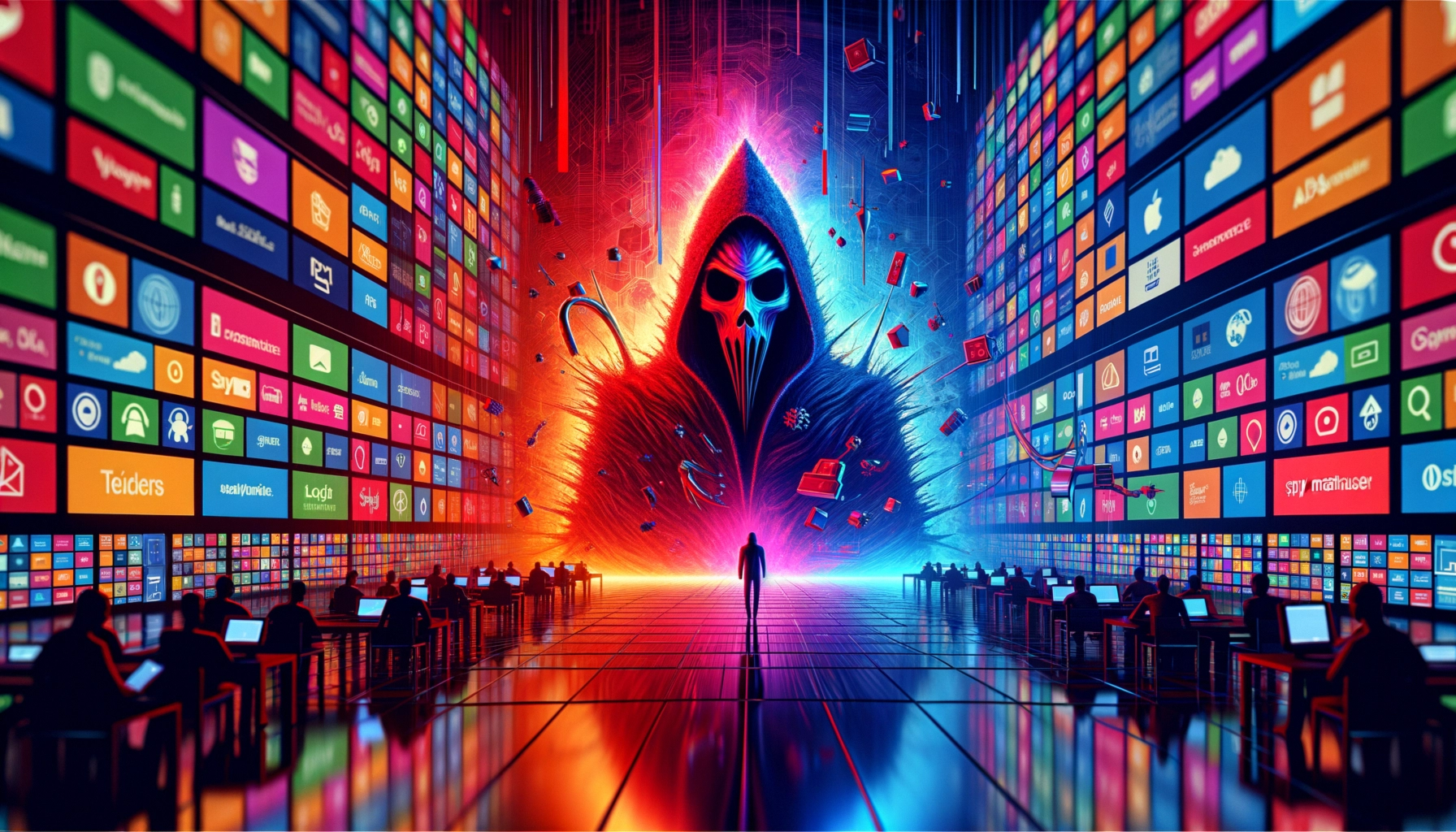 ** Mysterious figure in a hooded cloak stands before vibrant digital screens in a futuristic setting.