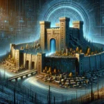 ** Futuristic castle surrounded by glowing structures and digital patterns.