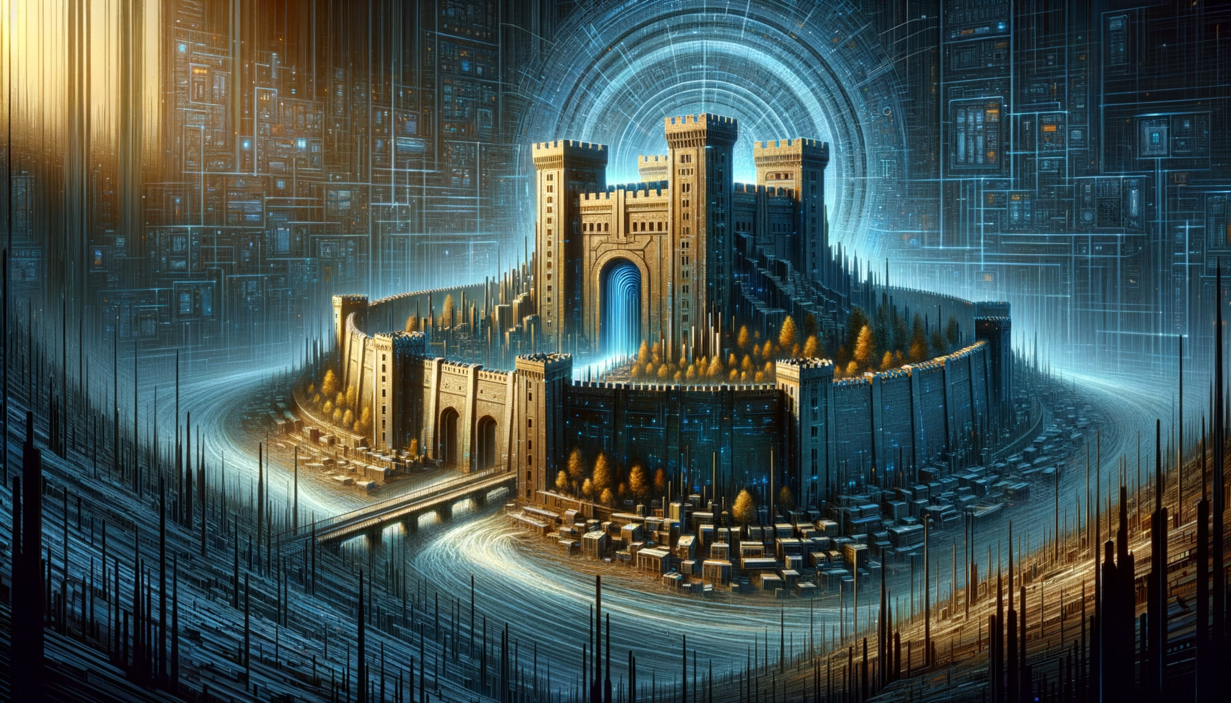 ** Futuristic castle surrounded by glowing structures and digital patterns.