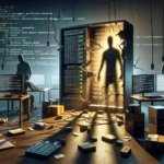 ** A shadowy figure emerges behind a server, with programmers at their desks coding in a dimly lit room.