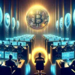 ** Futuristic trading room with figures analyzing cryptocurrency icons and screens.