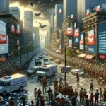 ** Urban scene with crowds, papers flying, and large digital billboards displaying email icons.