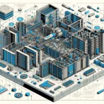 Diagrama detallado de un complejo tecnológico en tonos azul y gris.