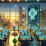 ** Futuristic lab with scientists, city skyline, and holographic Android interface.