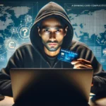 ** Young man in a hoodie holding a credit card, focused on a laptop with digital data in the background.