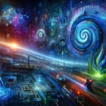 ** Surreal digital landscape with glowing figures, spirals, and vibrant patterns.