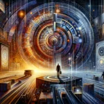 ** A futuristic scene showing people walking through a digital realm with glowing patterns and colorful circles.