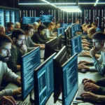 ** Group of focused people working on computers in a high-tech server room.