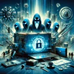 ** A glowing blue lockbox surrounded by mysterious hooded figures and digital elements.