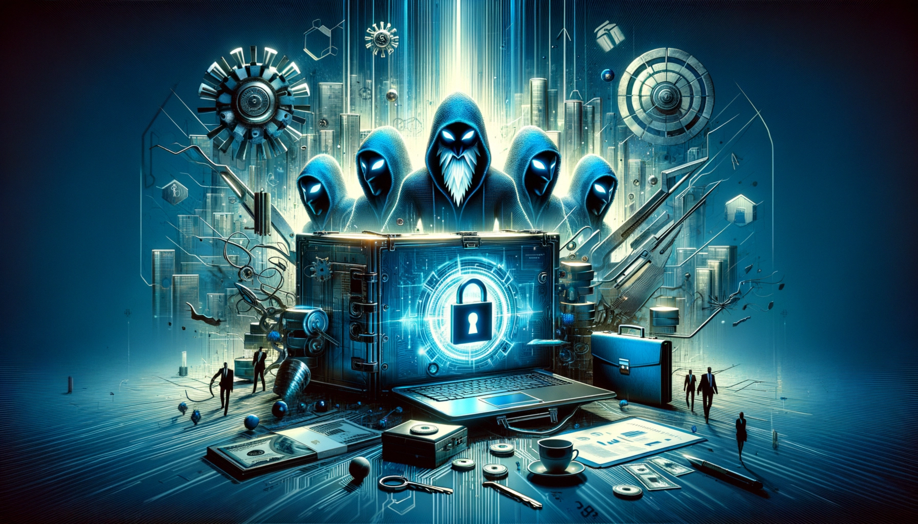 ** A glowing blue lockbox surrounded by mysterious hooded figures and digital elements.