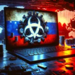 ** Laptop displaying a logo with flags and a world map backdrop in neon colors.