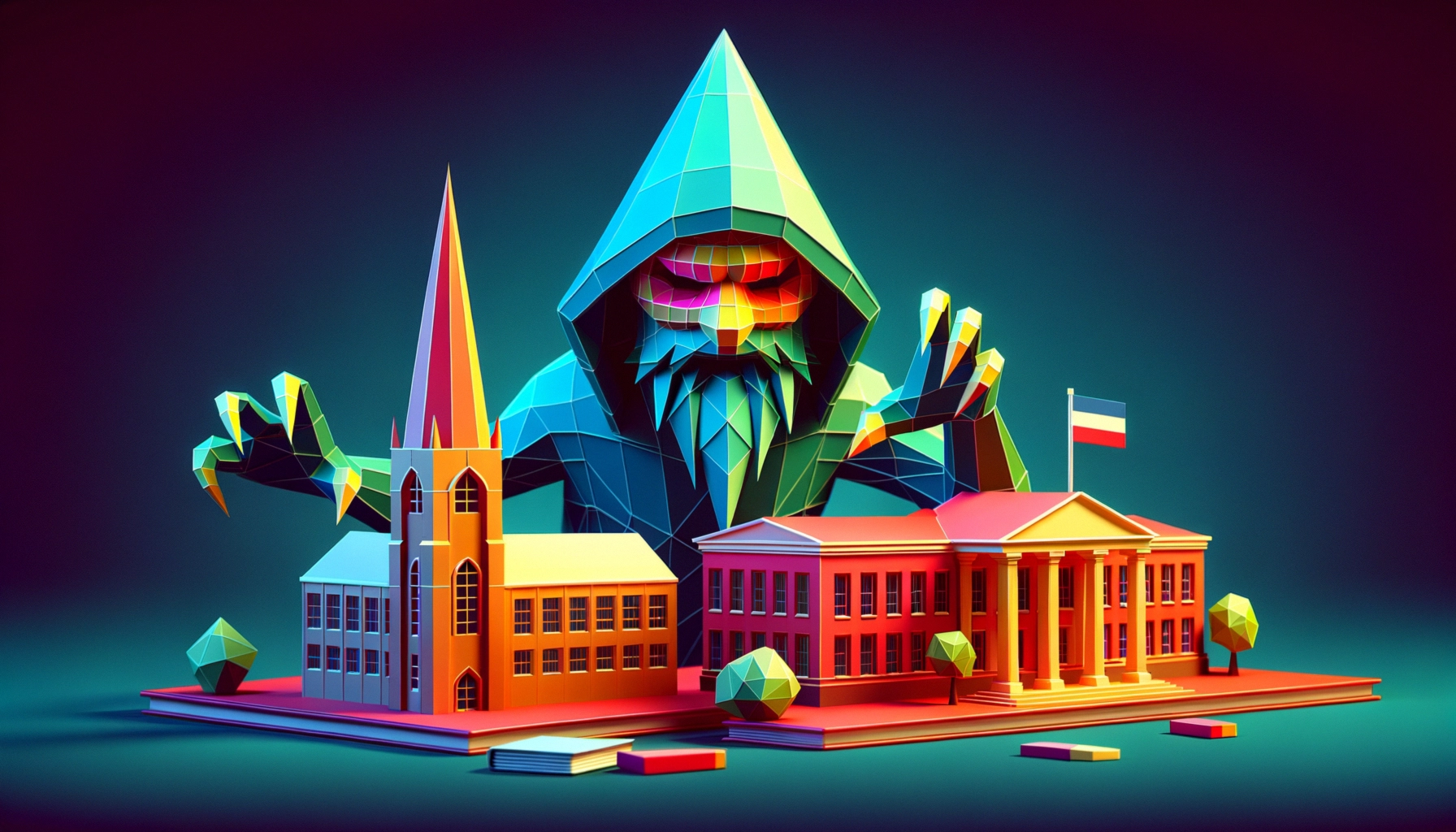 ** Colorful 3D illustration of a menacing figure looming over buildings with a Russian flag.