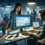 ** Office scene with two people discussing a web browser extension on a computer.