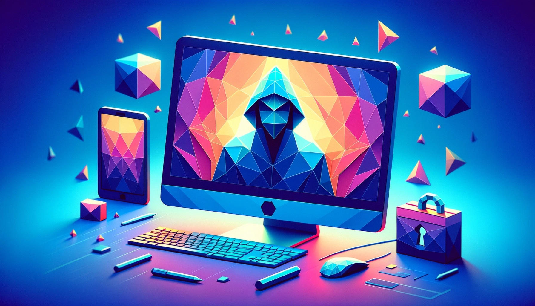 ** A digital illustration of a hooded figure on a computer screen, surrounded by colorful geometric shapes and a lock.