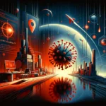 Surreal digital artwork depicting a virus, futuristic city, and cosmic elements.