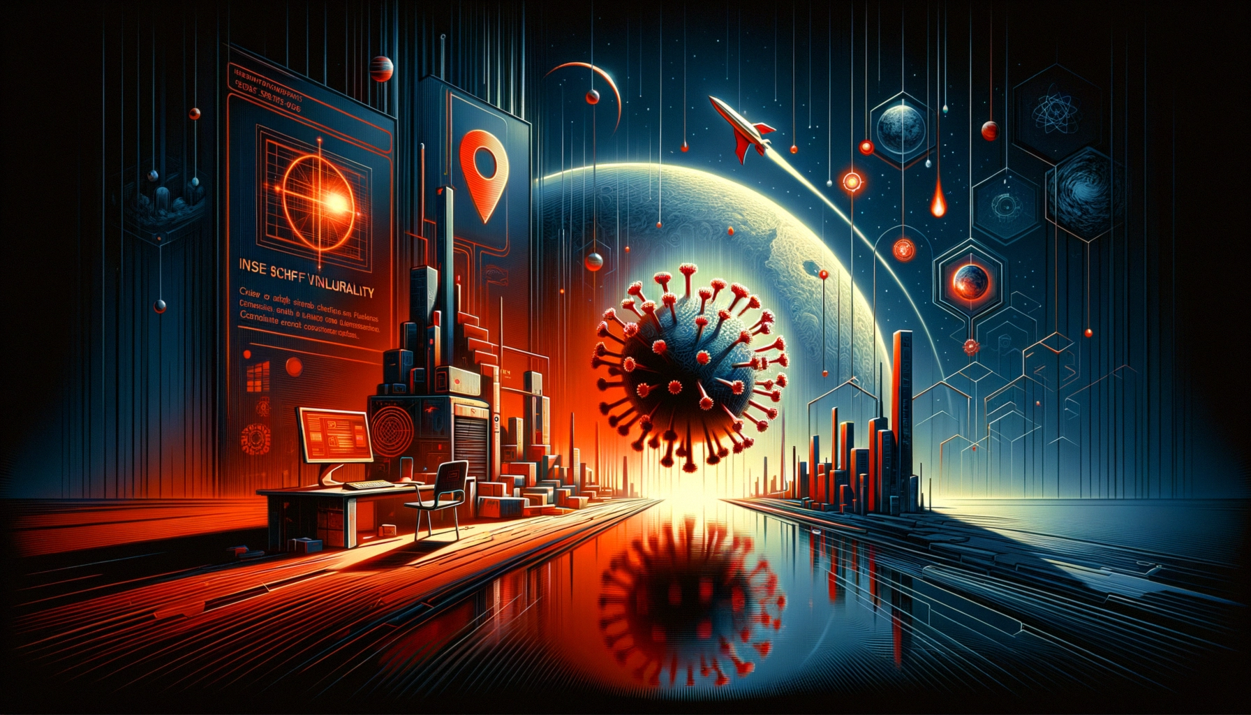 Surreal digital artwork depicting a virus, futuristic city, and cosmic elements.